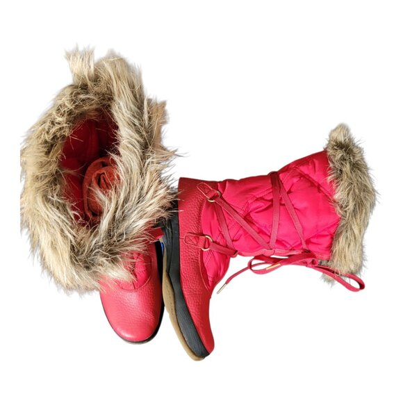 Lands End Faux Fur Trim Red Lace Up Winter Boots Women's 6.5B - Picture 5 of 12